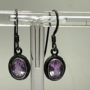 Artist Signed 925 Sterling Silver Bezel-Set Amethyst Earrings (2.1g)